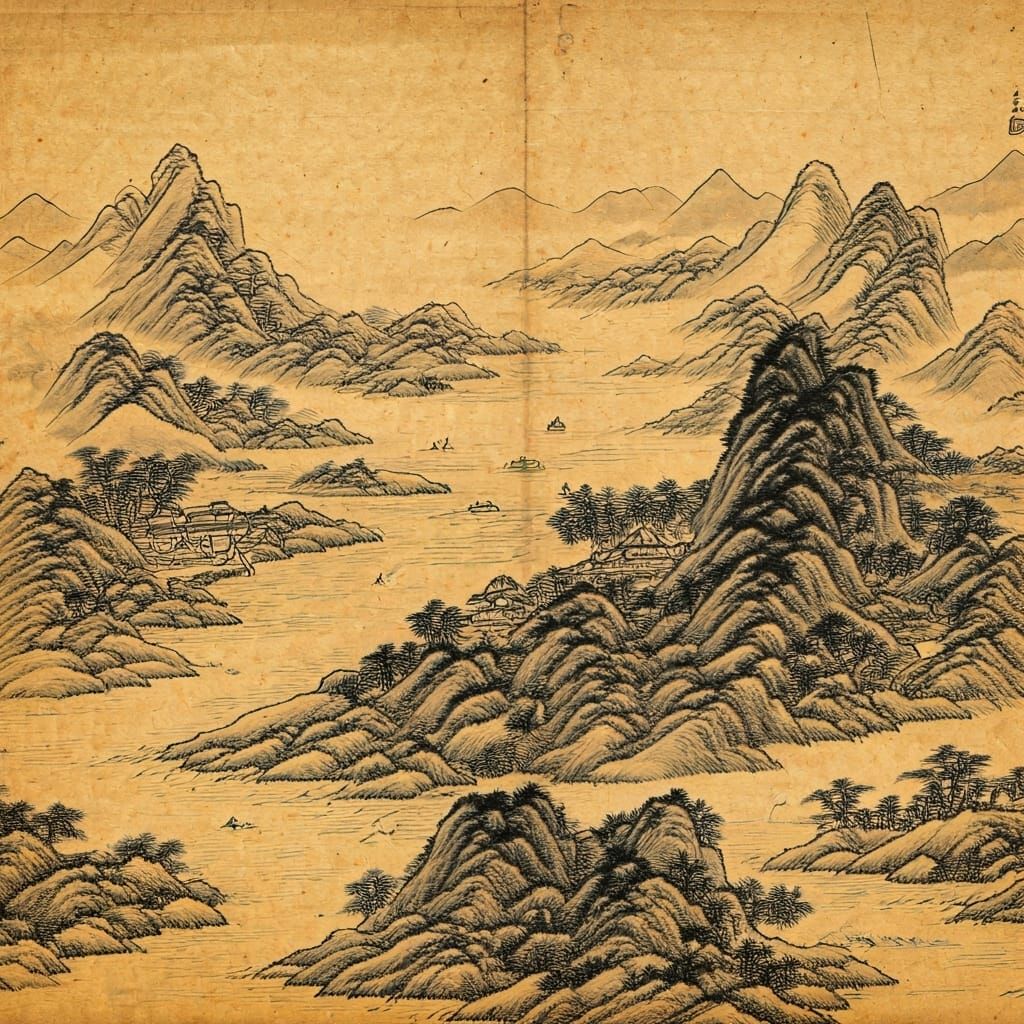 Illuminated Ancient Map in Sumi-e Style