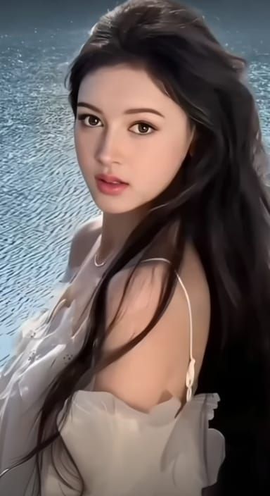 Portrait of Elina Devia cute innocent girl, in small harbour town, black red, near cafe, long black h...