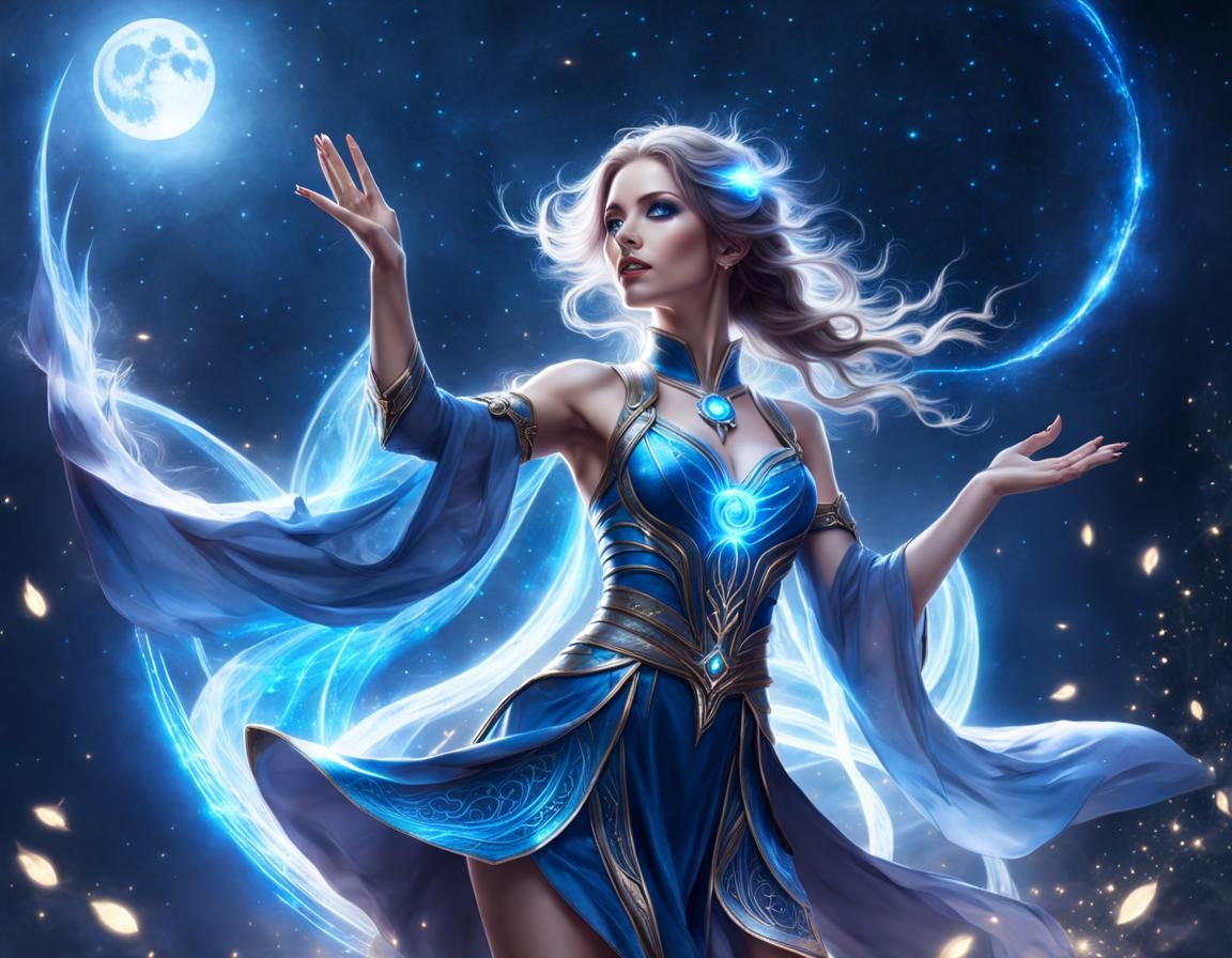 Mystical Wizard Casting Spells Under Moonlight