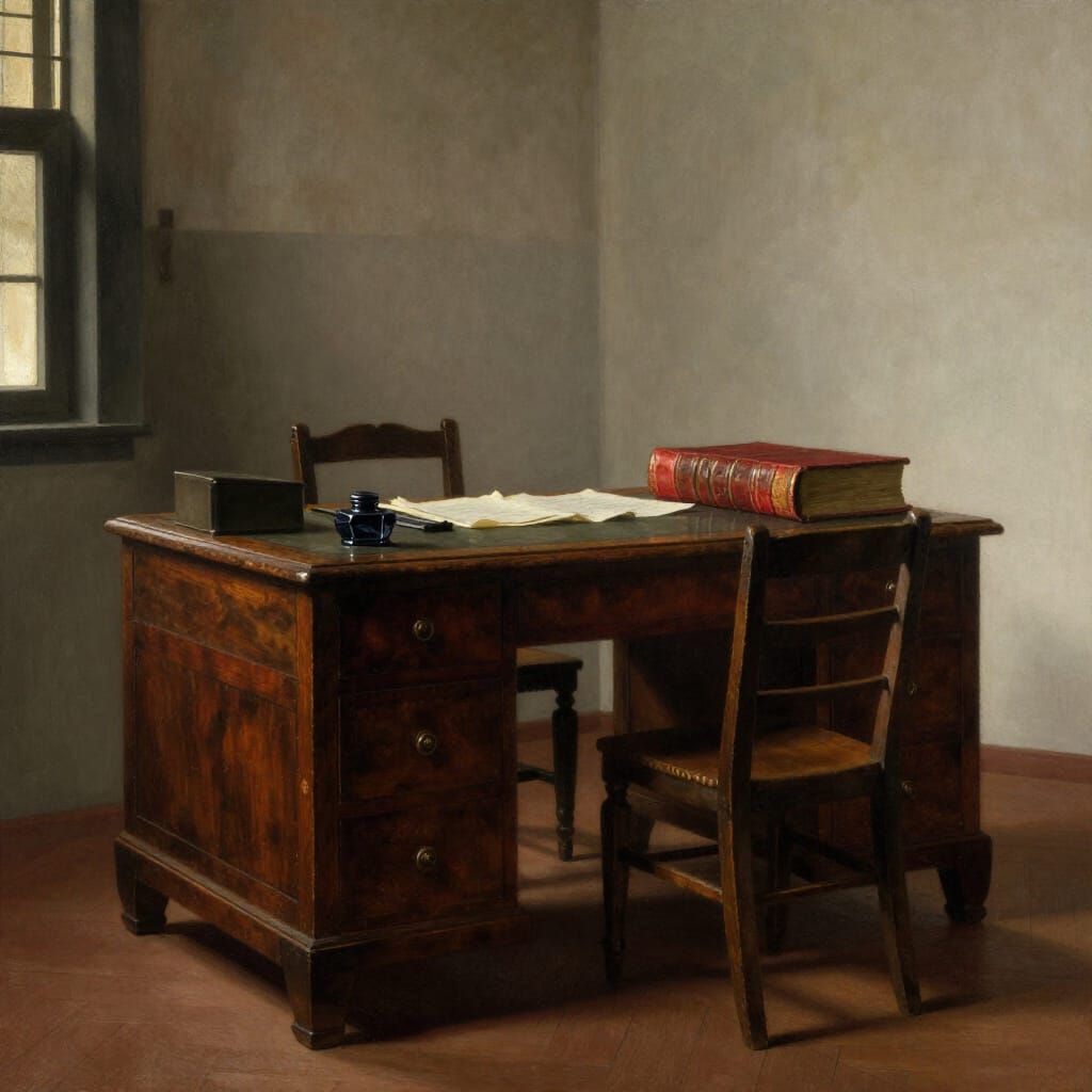 Sunlit Room with Antique Desk and Book