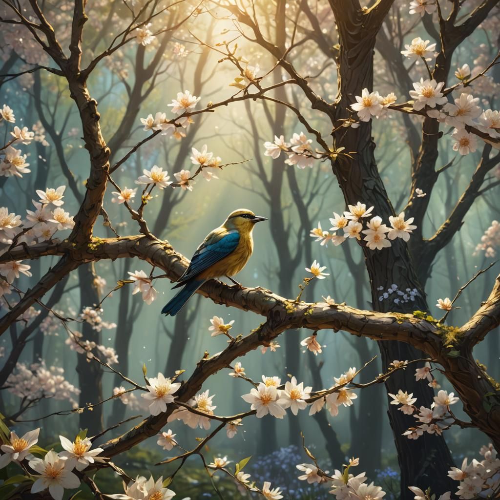 Spring Tree and Bird in Fantasy Digital Art