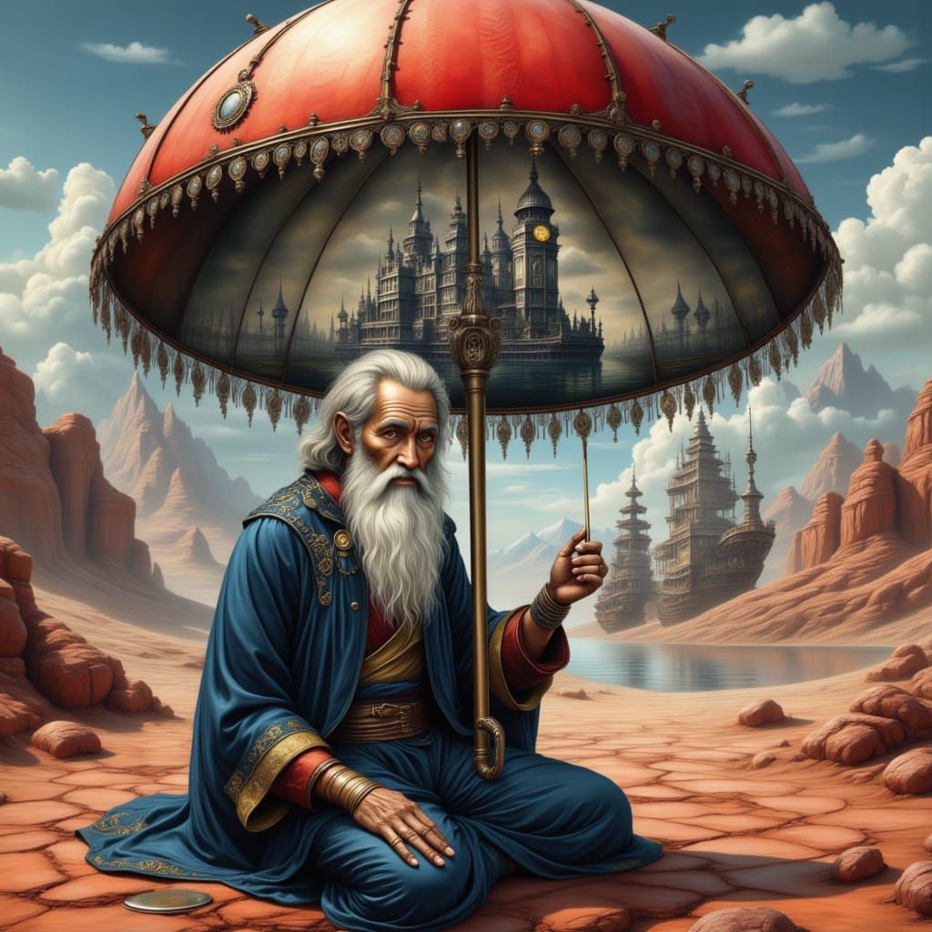 Steampunk Desert Scene with Upside-Down Umbrella Canvas