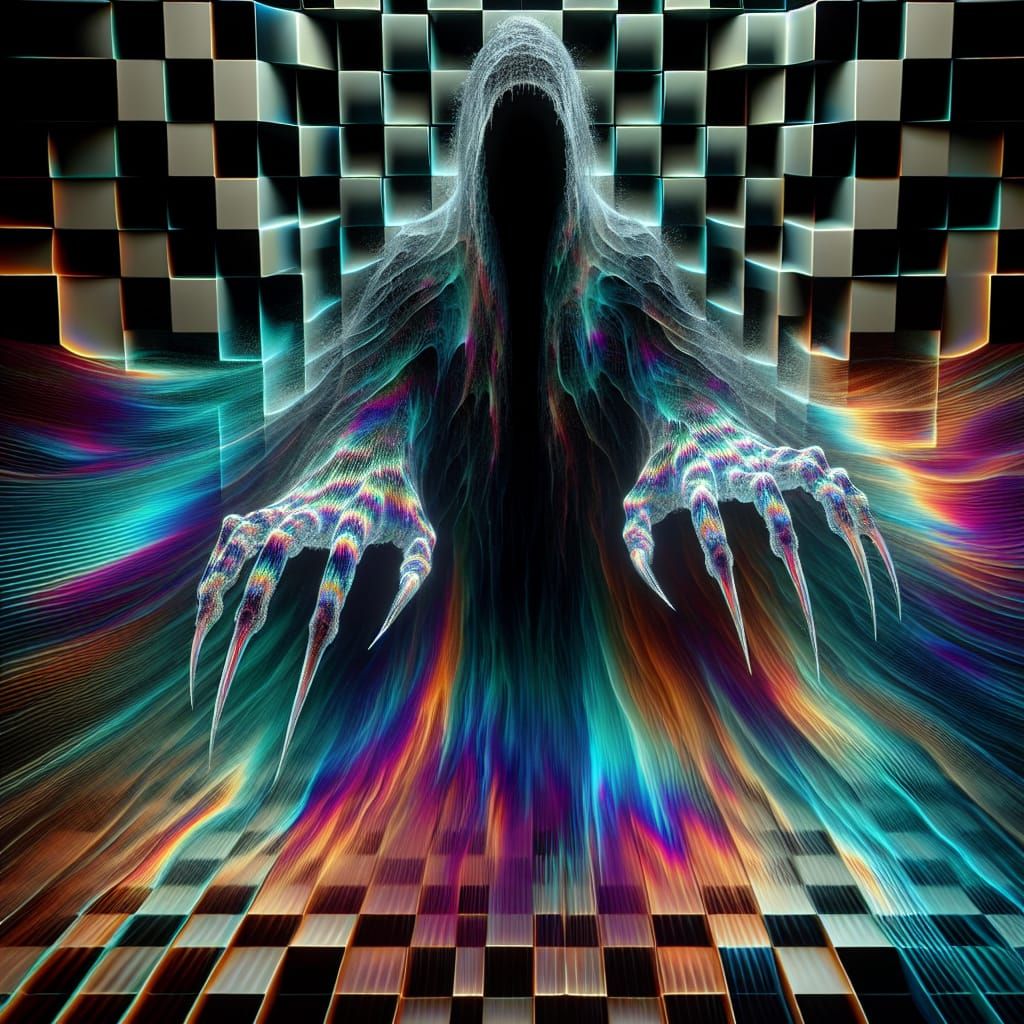 Ethereal Hooded Figure Emerges from Rainbow Checkers