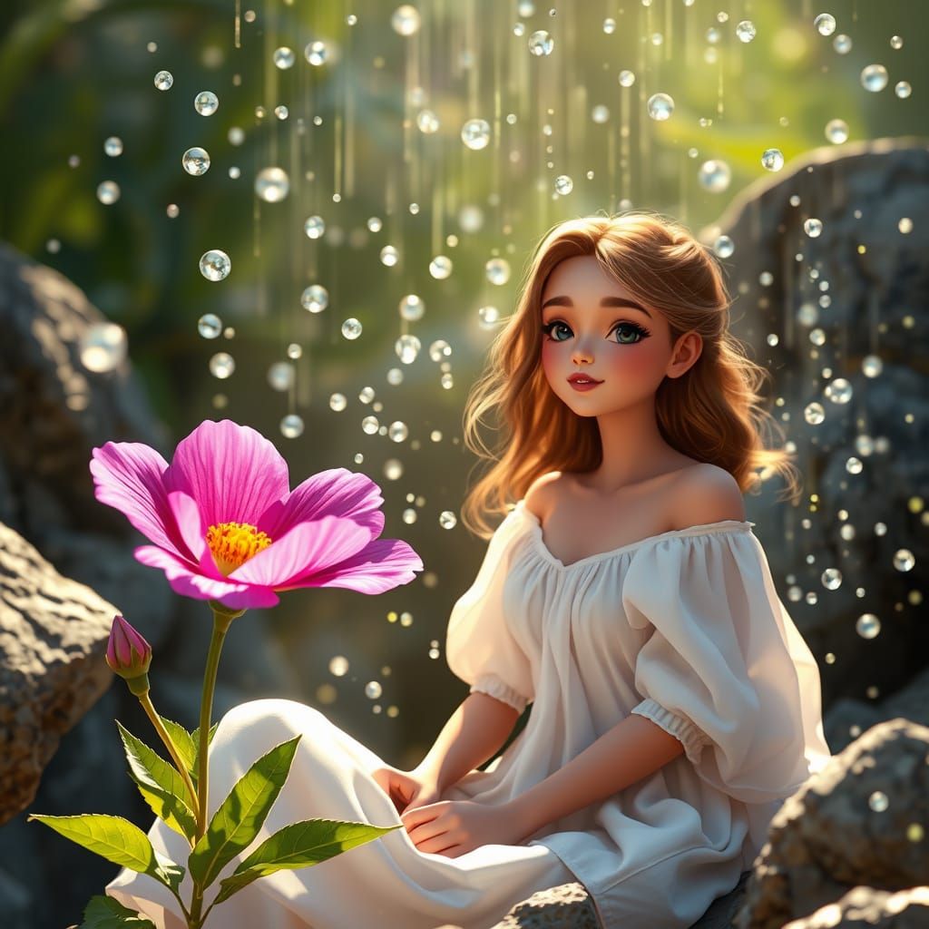 Mystical Garden Goddess Radiant in Dewy Splendor