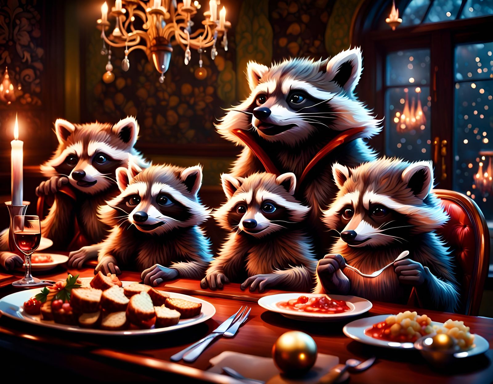 Raccoon Family Christmas Feast in Swanky Restaurant