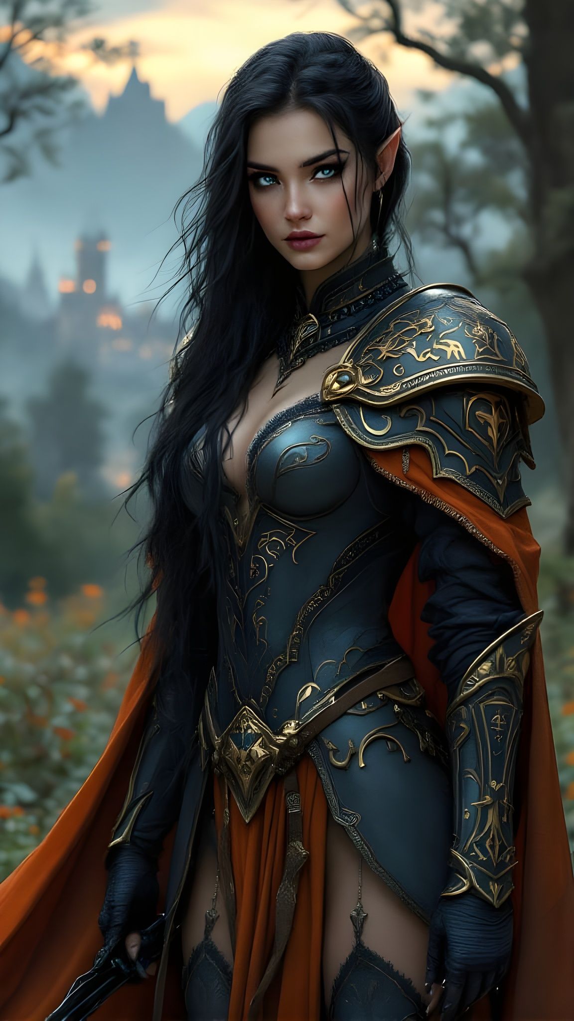 Half-elf Ranger in Elegant Chain Mail, Set against a Mountai...