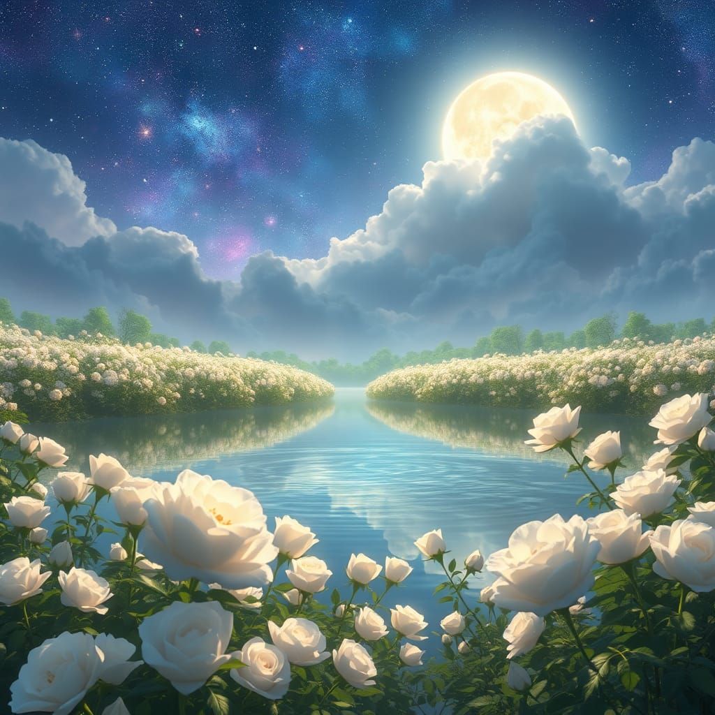 Glowing Lake with Roses in Anime Style