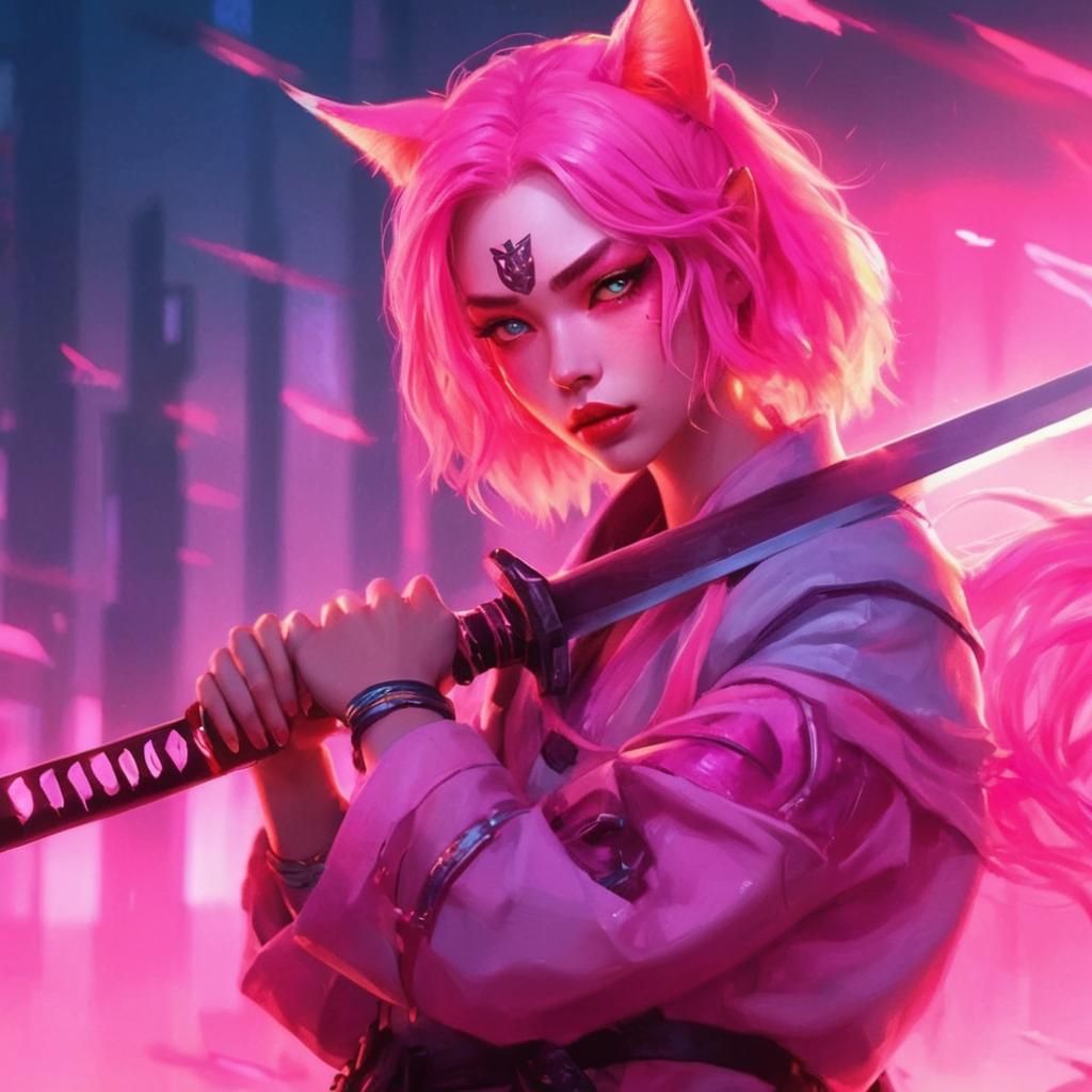 Neon Anime Girl with Katana in Digital Portrait