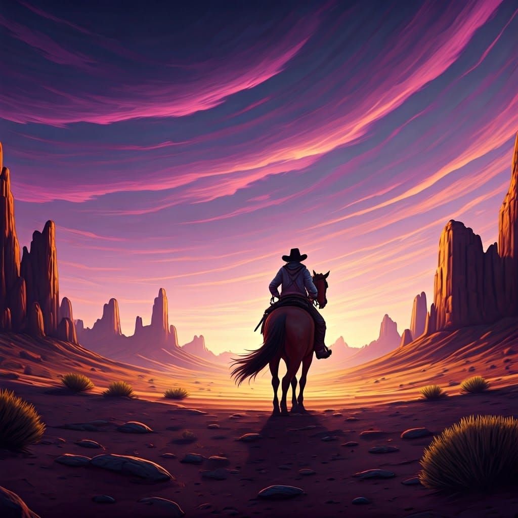Cowboy Rides in Purple Desert: Matte Painting Style