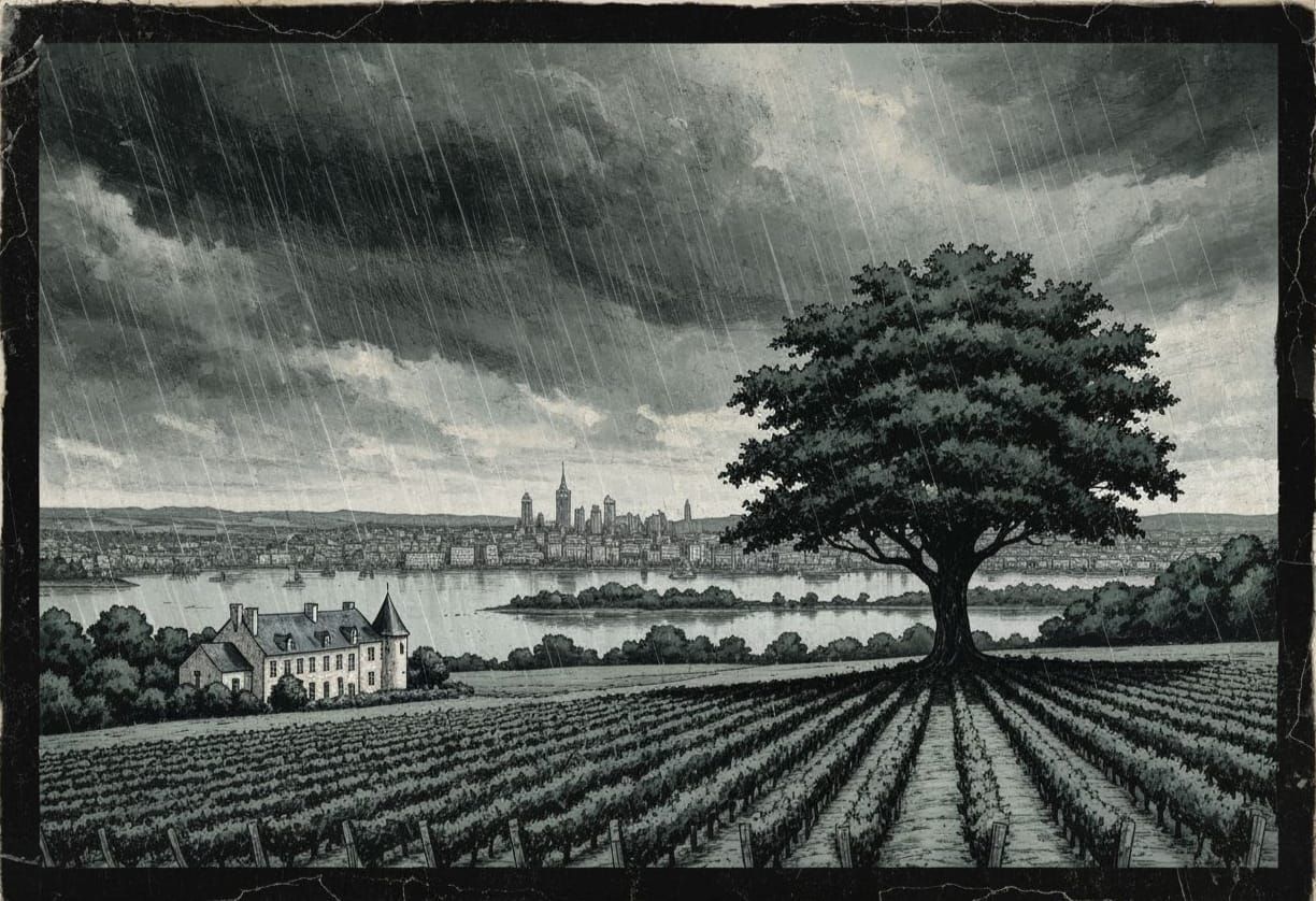 Dark Gritty Comic Art Château in Heavy Rain