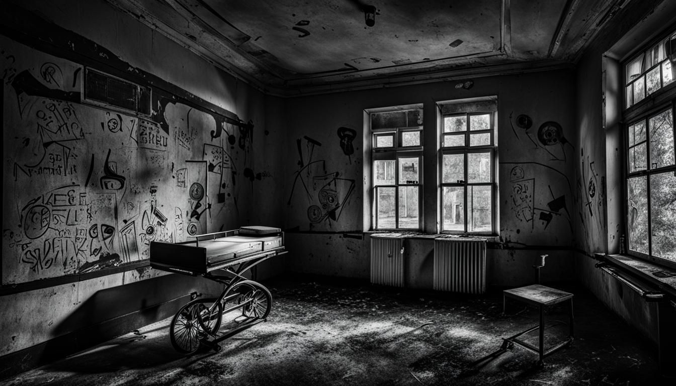 Creepy Abandoned Asylum Room in Black and White
