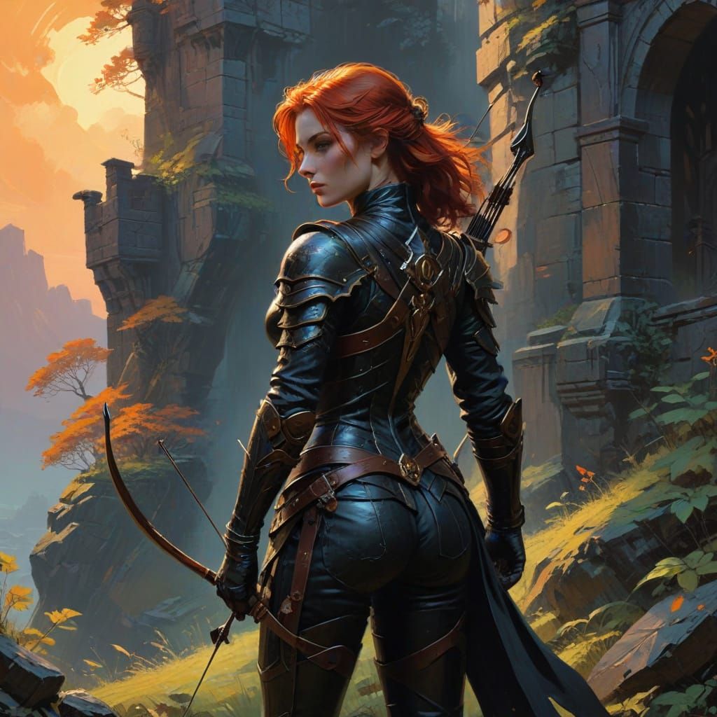 Medieval Archer Goddess Basks in Sunset Glory