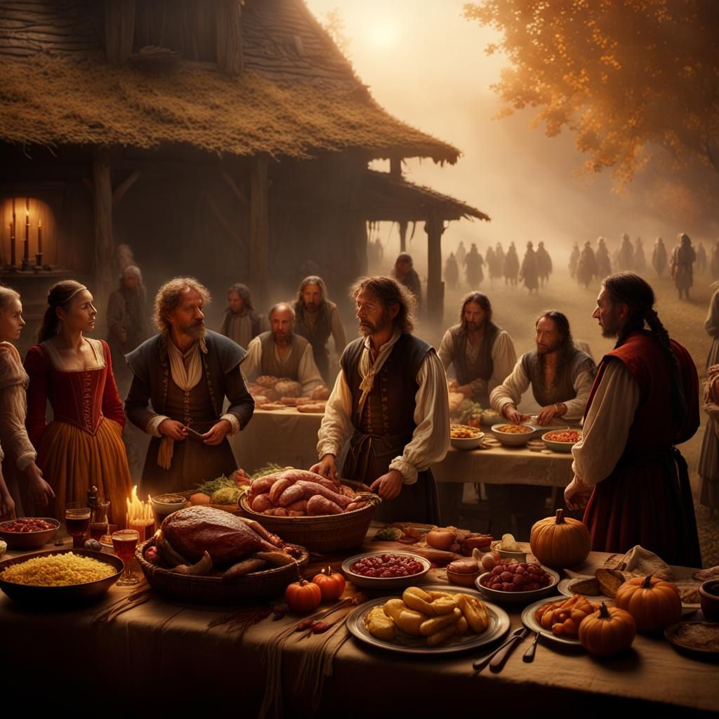 Pilgrims and Native Americans Share Thanksgiving Feast