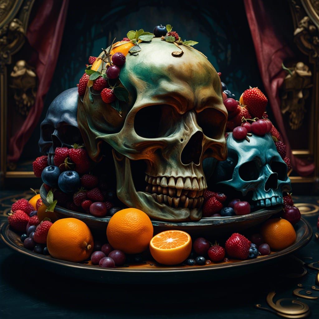 Skulls Made of Fruit in Gloomy Setting