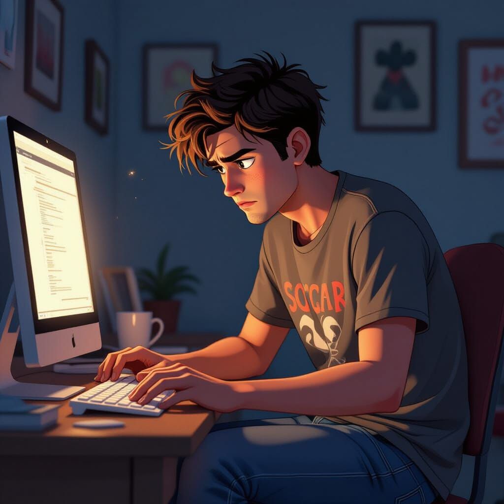 Brooding Young Man Browsing Computer, Animated Style