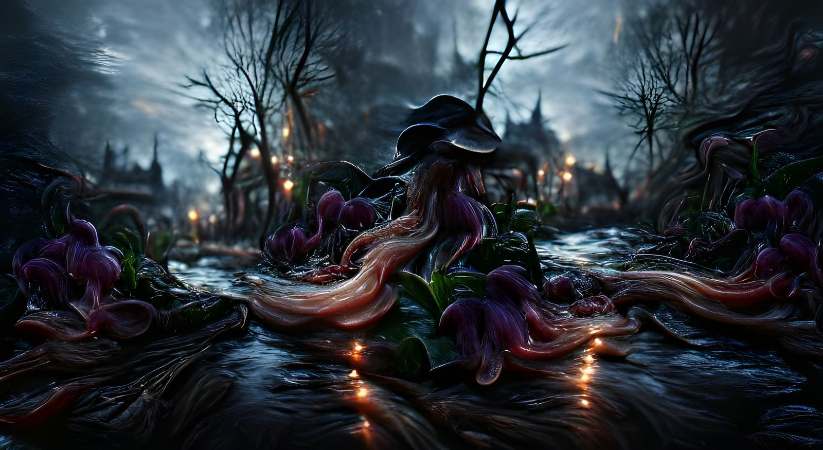 Eldritch Forest Stream at Night in Bloodborne Style