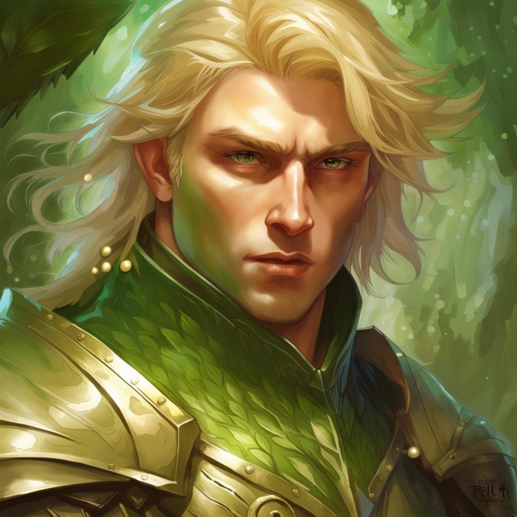 Elven Warrior in Green Armor, Art Nouveau Portrait