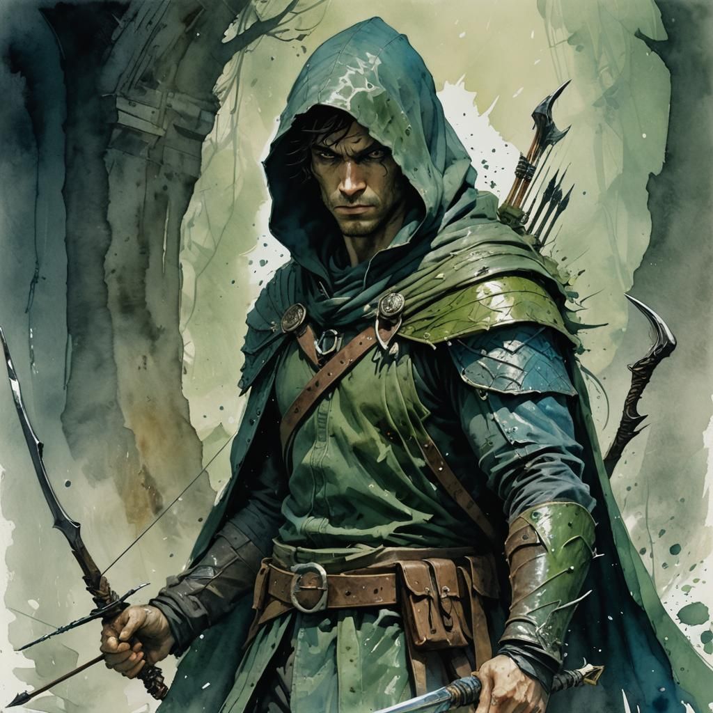 Gritty Assassin with Longbow in Watercolor Style