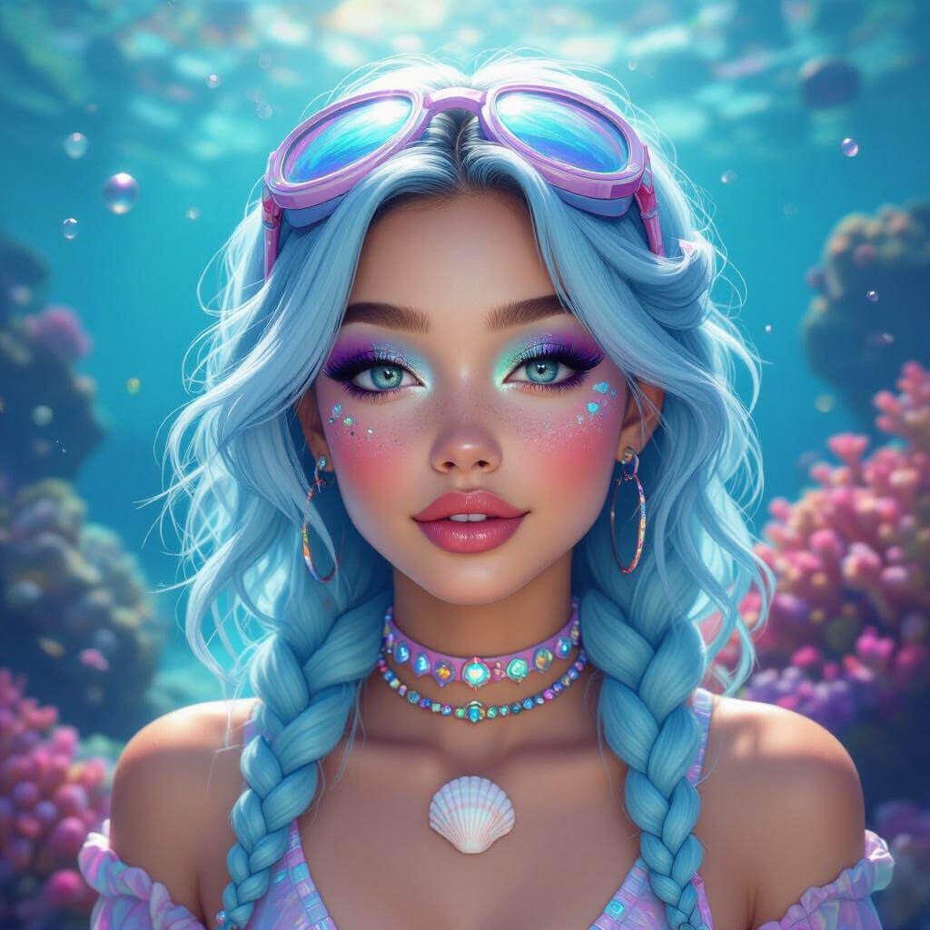 Cyberpunk Woman with Pastel Hair in Underwater Setting
