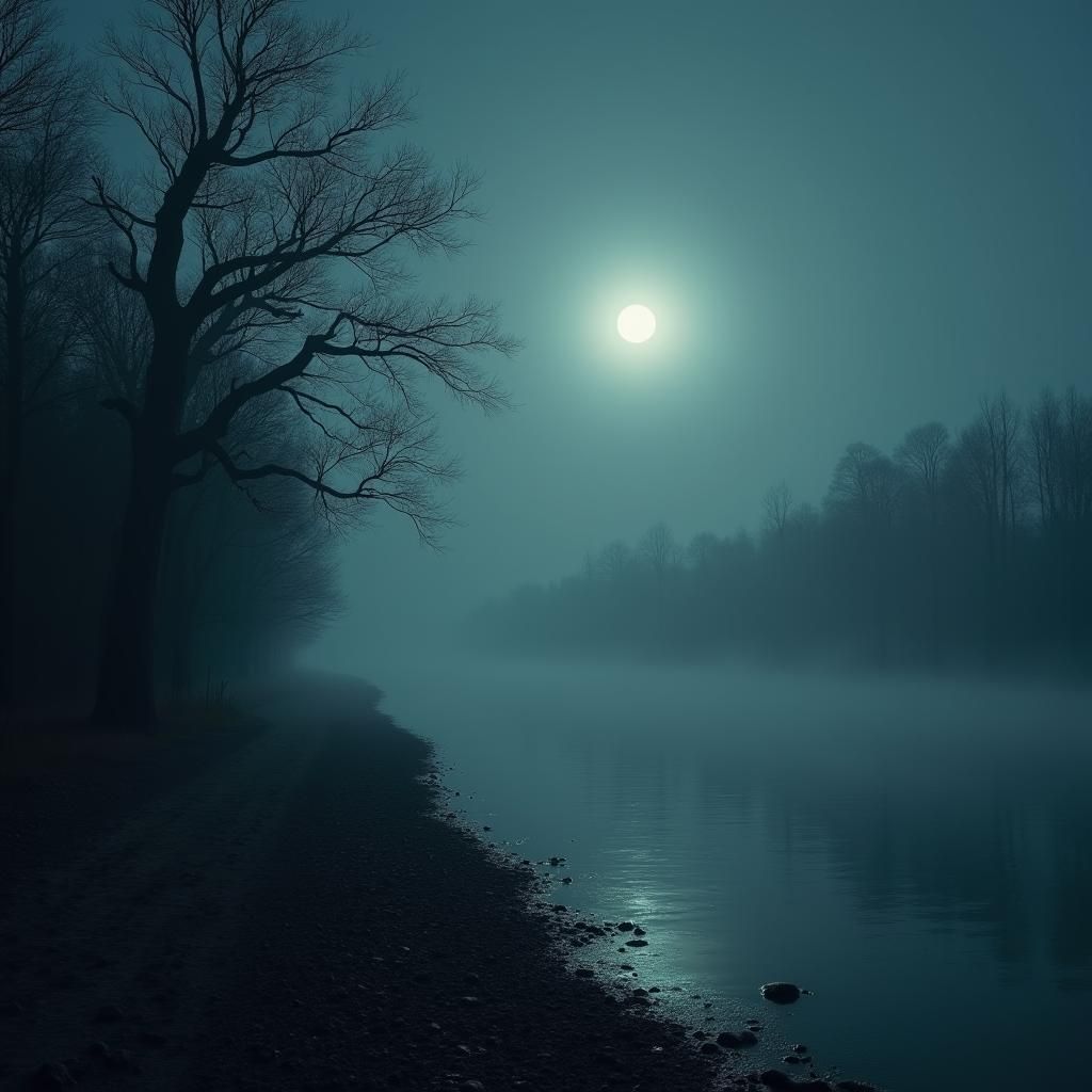 Eerie Moonlit Riverbank in the Style of Digital Matte Painti...