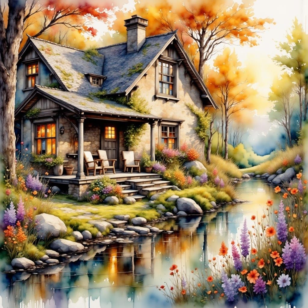 Idyllic Watercolor Cottage Scene in Autumn