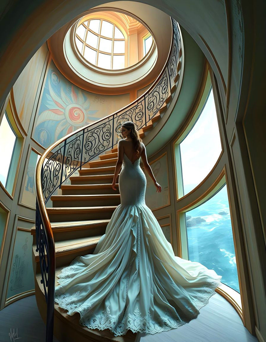 Elegant Woman Descends Lighthouse Staircase in Dreamlike Sur...