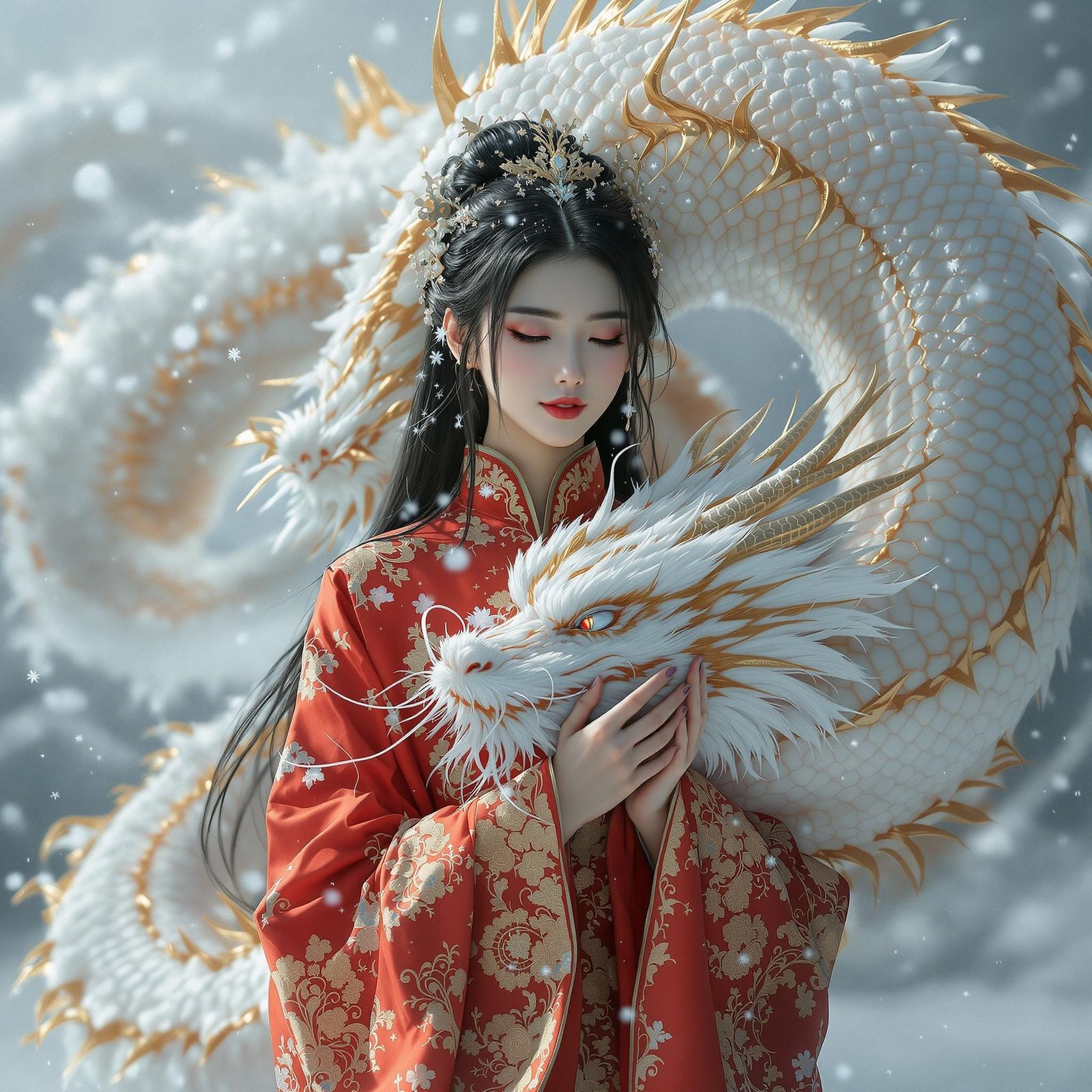 Woman with Dragon in Snowy Chinese Landscape
