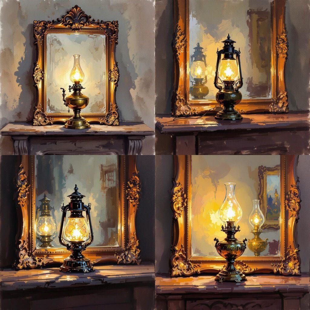 Gouache Painting of an Old Oil Lamp on a Mantle