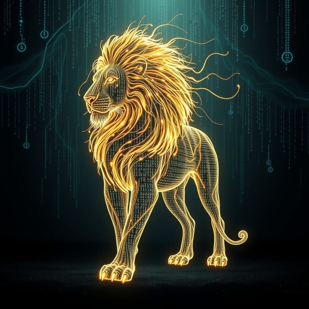 Majestic Code Lion in Digital Landscape