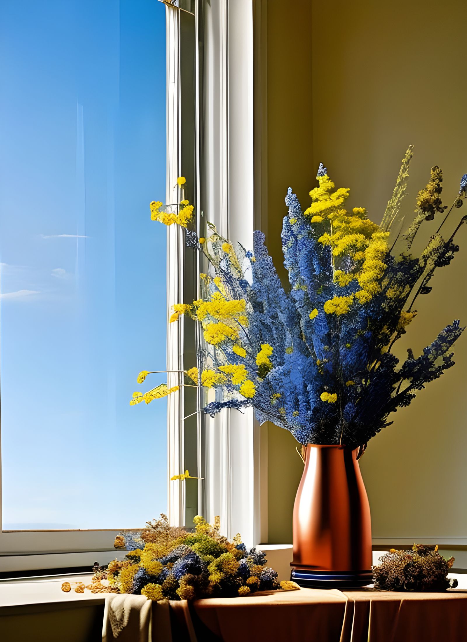 Hyperrealistic Flowers on Butcher Table, Pollock-Vermeer Sty...