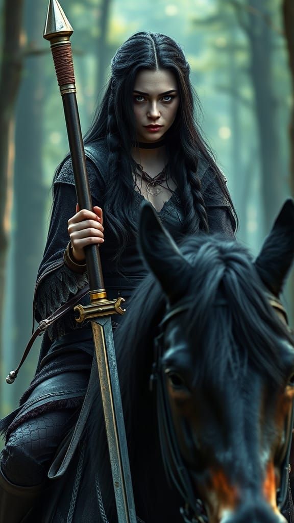 Viking Warrior Goddess Riding into a Dark Fantasy Forest