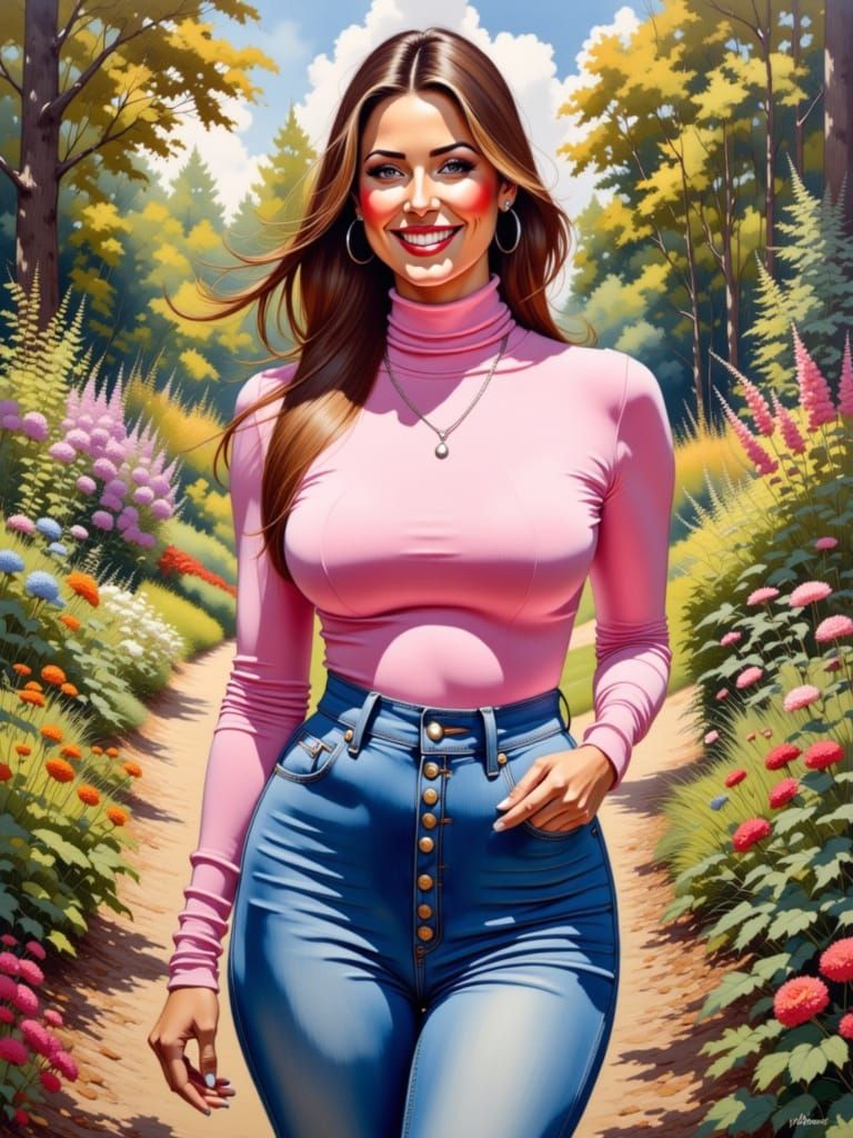 Enticing Woman in Garden, Detailed Oil Painting