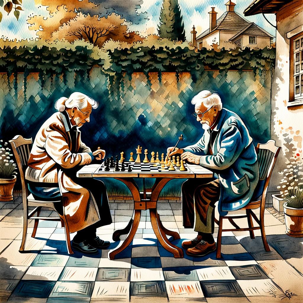 Elderly Couple Play Chess in Retro Folk Art Style