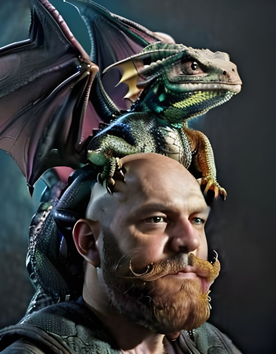 Dragon Perched on a Bearded Man, Digital Art