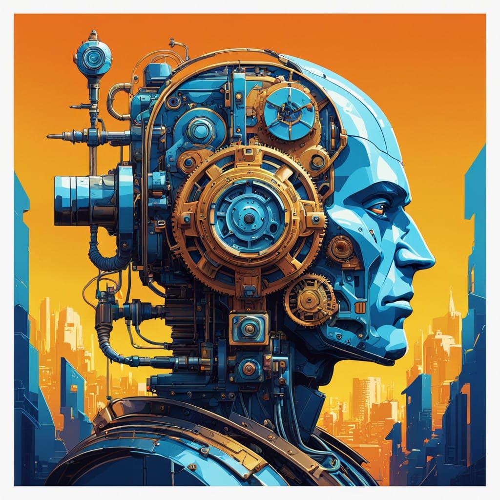 Cyborg Robot Man in 1960s Style Pop Art