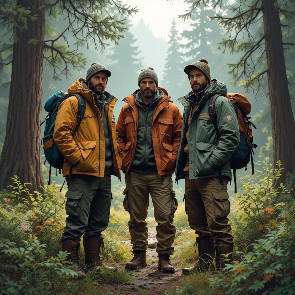 Three Men in Serene Forest, Realistic Landscape