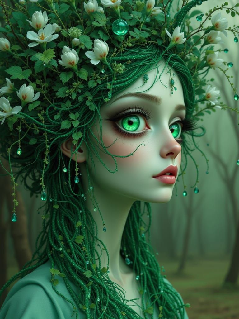Macabre Daydreamer with Emerald Hair and Blossoms