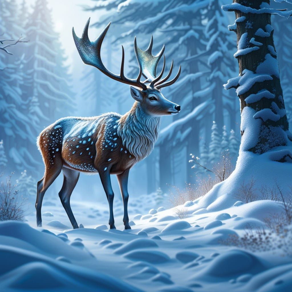 Fantasy Deer in Snowy Forest: Detailed Matte Painting