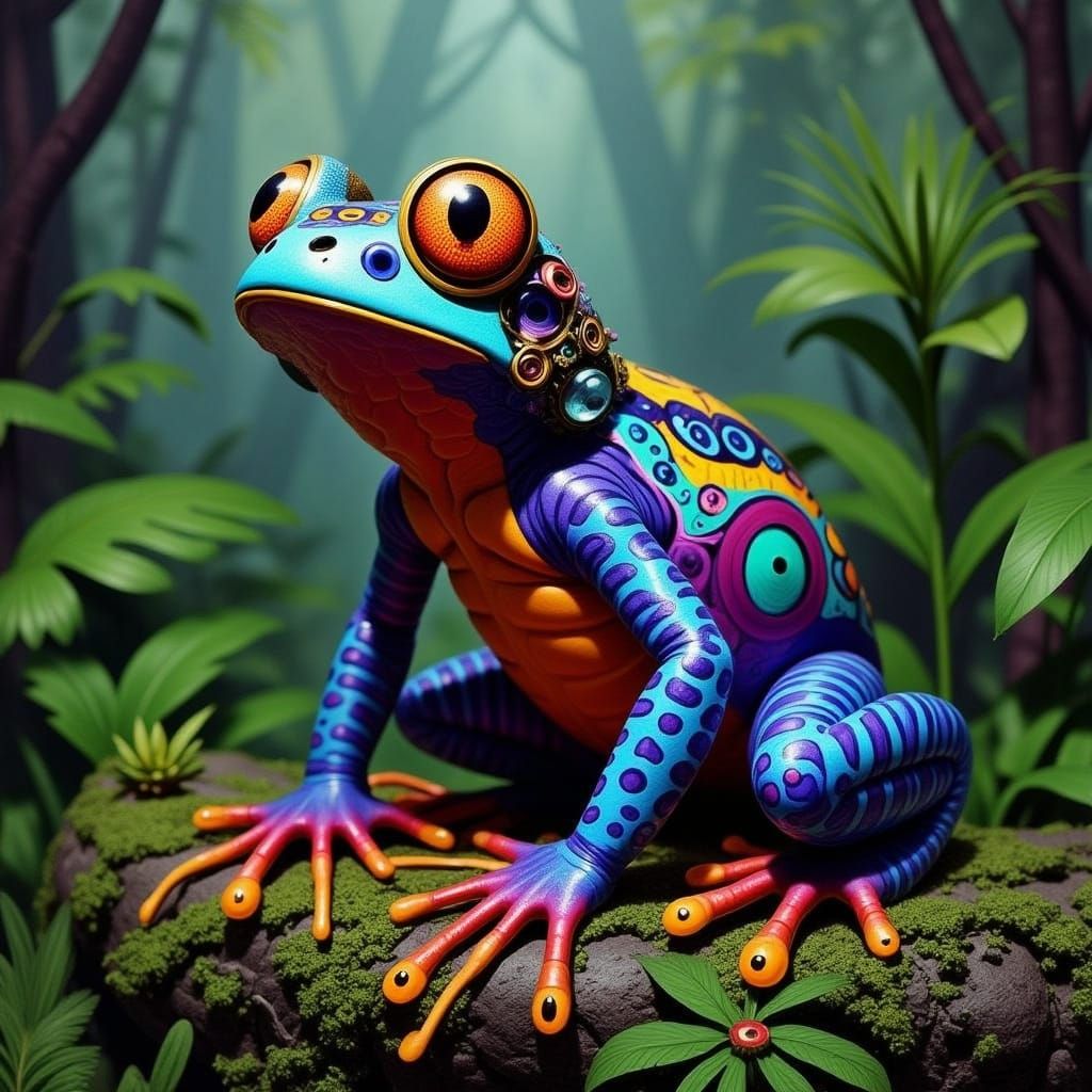 Startled Poison Dart Frog in Dreamlike Rainforest