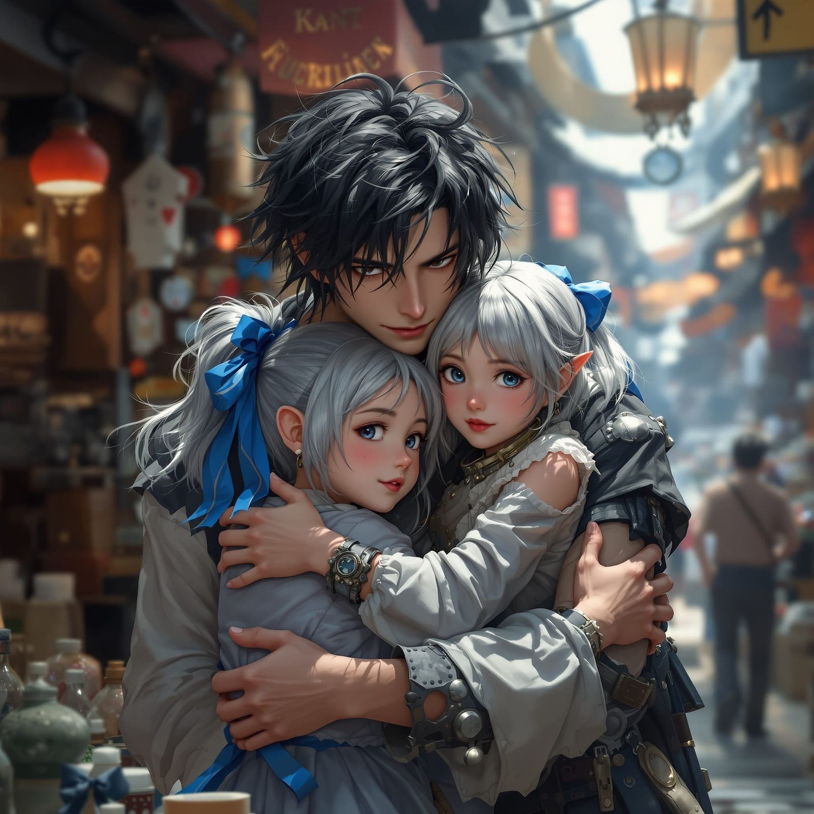Vengeful Scribe Hugs Girl in Steampunk Market