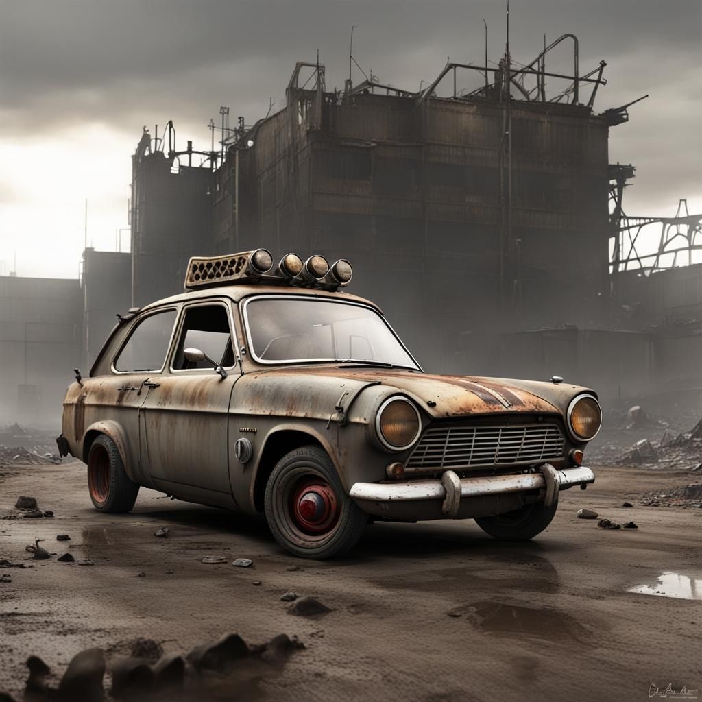 Post-Apocalyptic Ford Anglia in a Wasteland