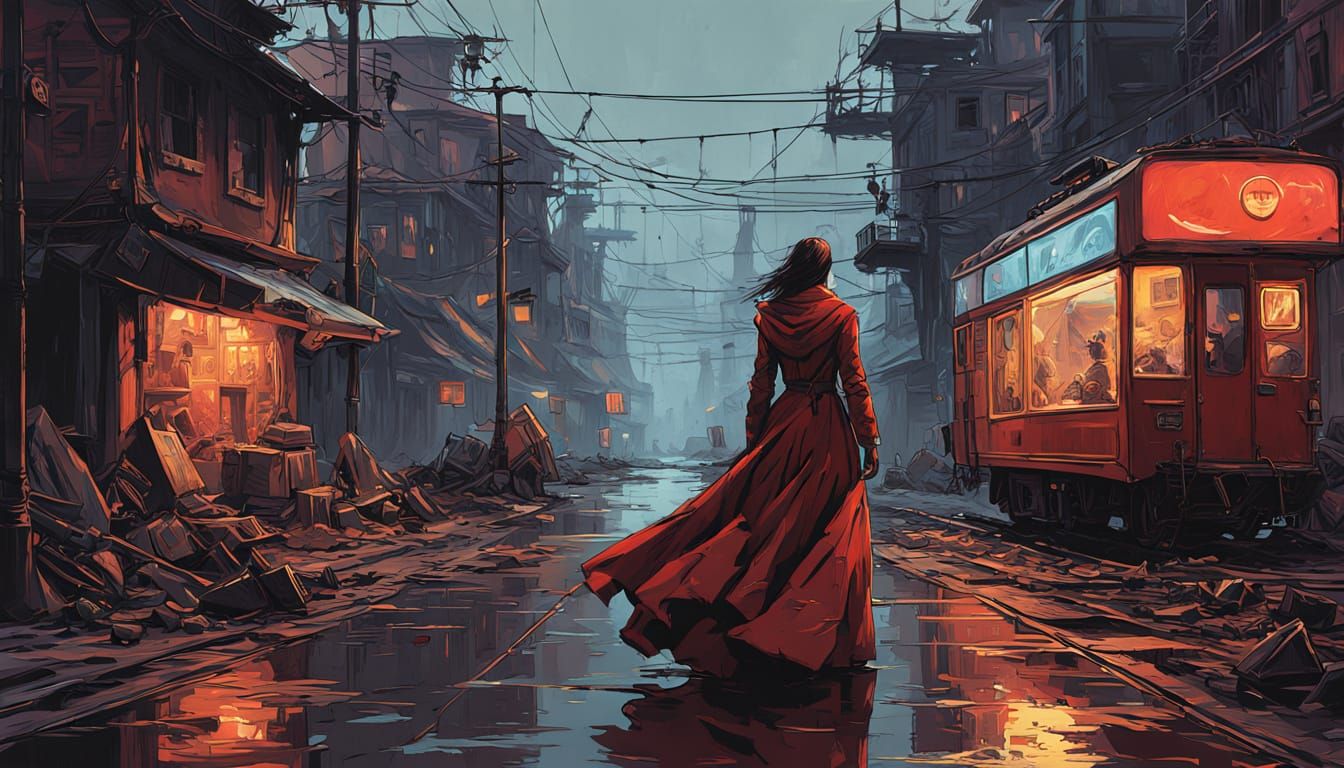 Elegant Woman Strolls Down the Street in Refined Crimson Att...