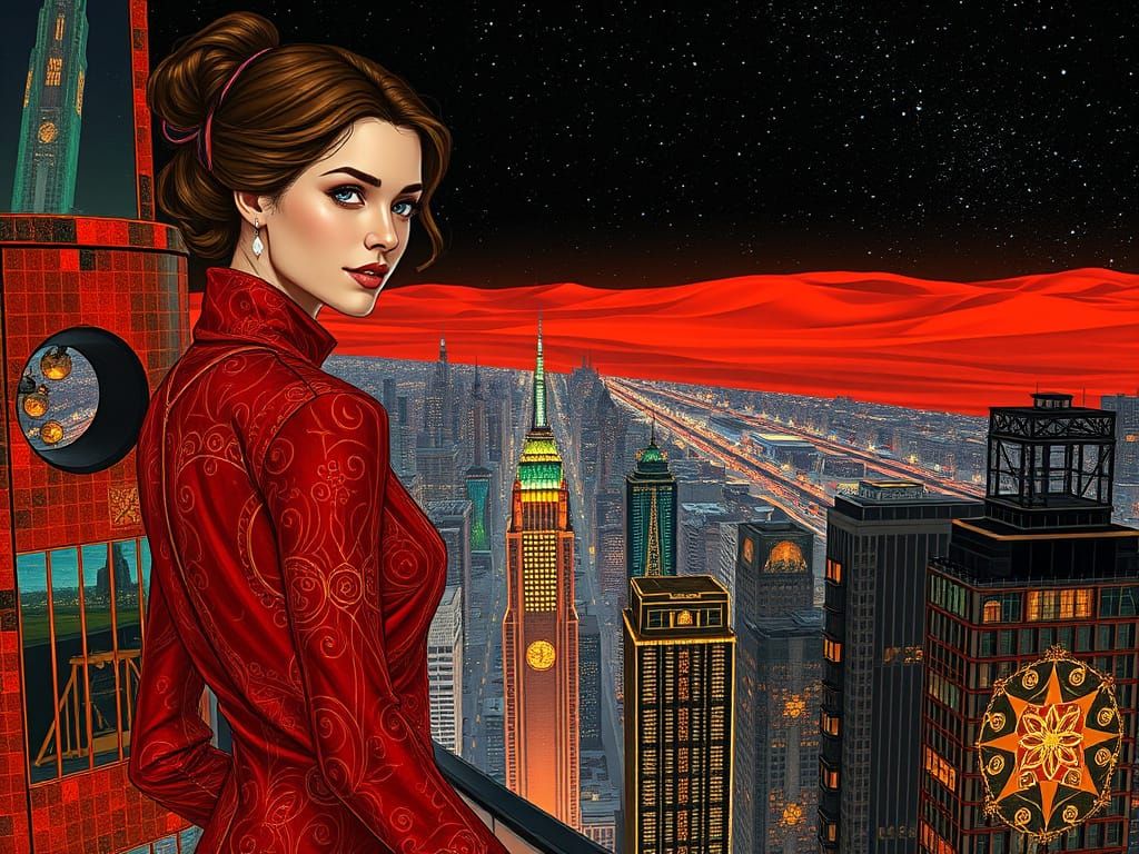 Cyberpunk Goddess in a Cosmic Cityscape