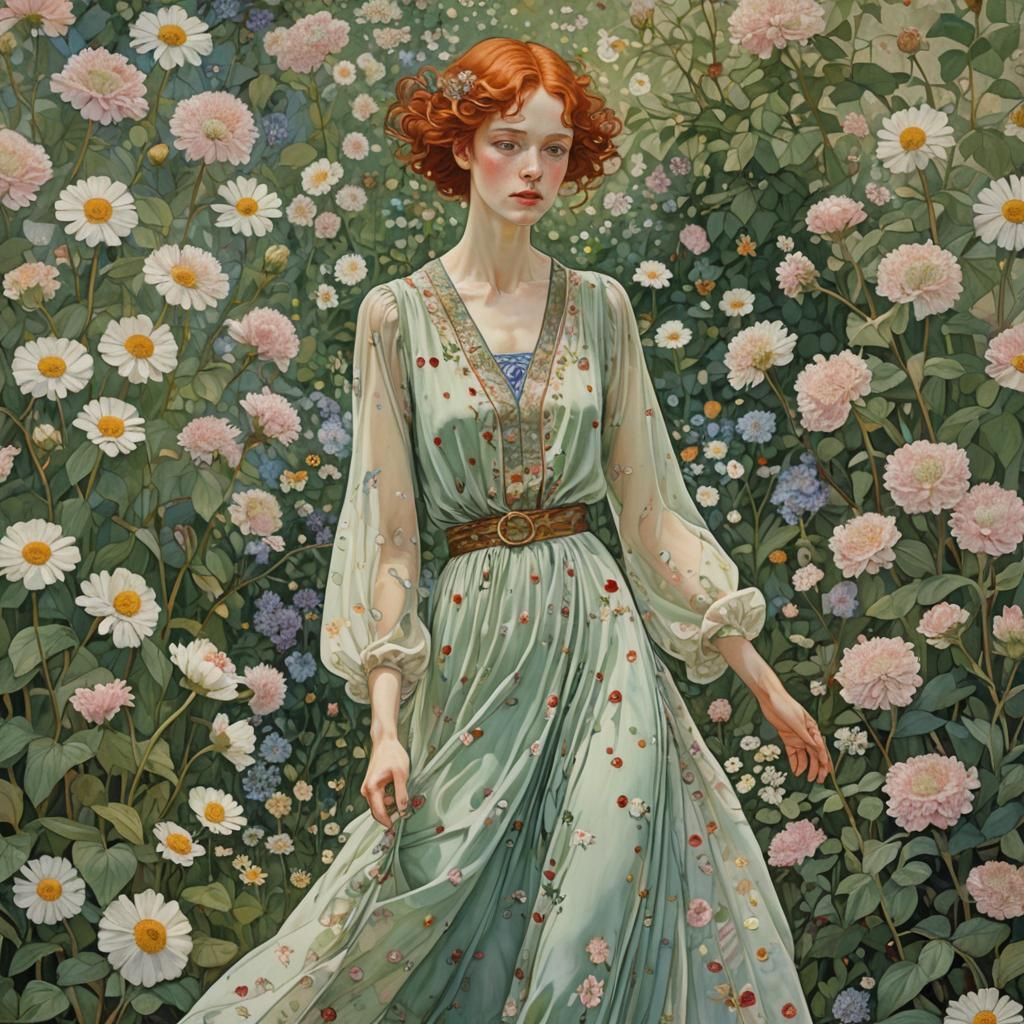 Art Deco Woman in Garden of Pastel Flowers