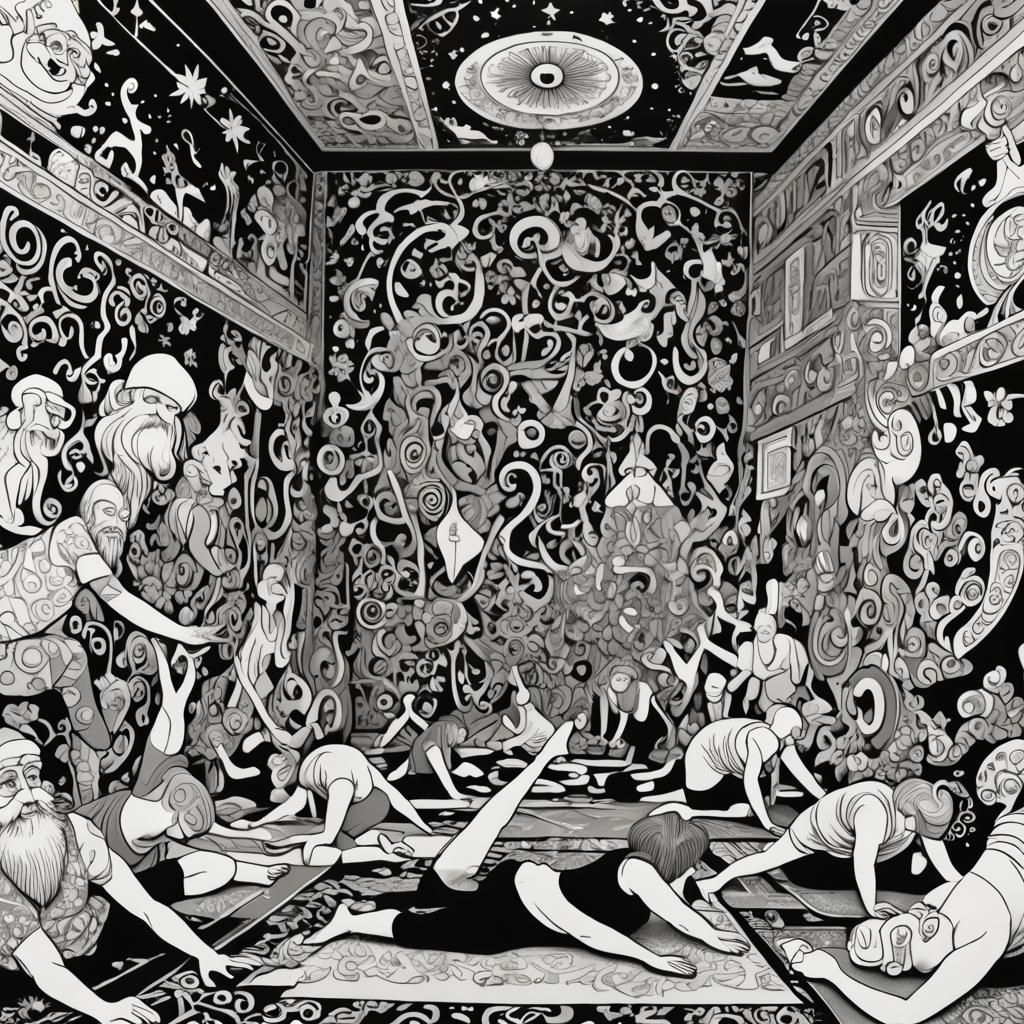 Santa Claus Does Yoga: Psychedelic Black and White Art