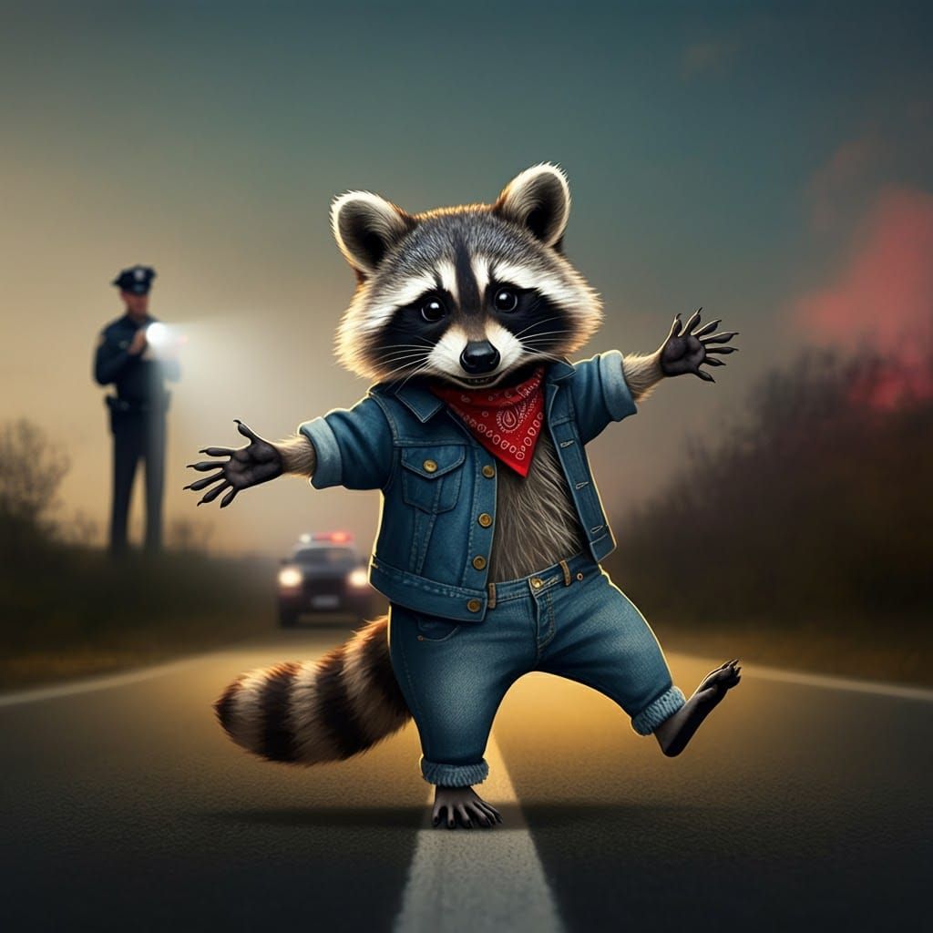 Cartoon Raccoon Pulled Over, Performing Sobriety Test