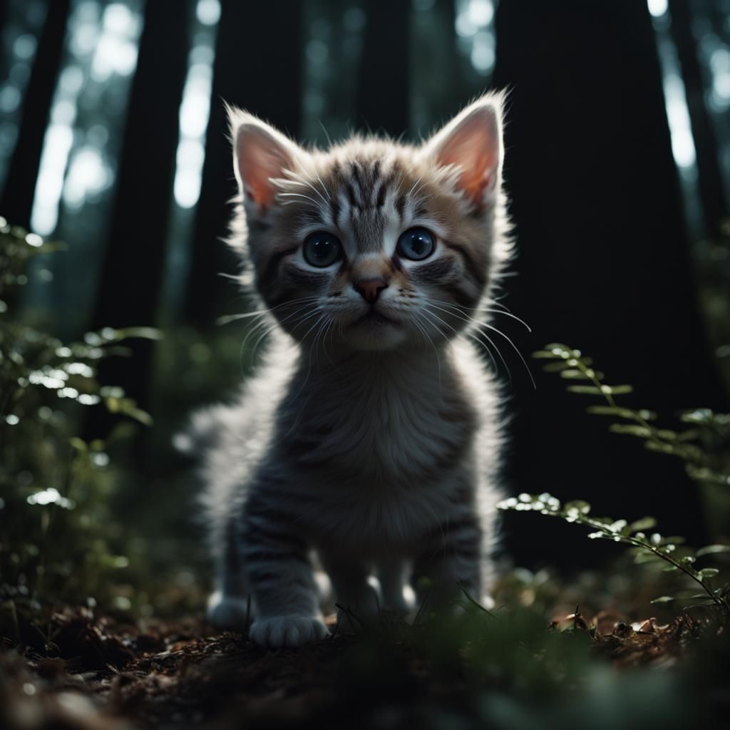 Kitten Projection in Dark Forest: Hyperrealistic Masterpiece