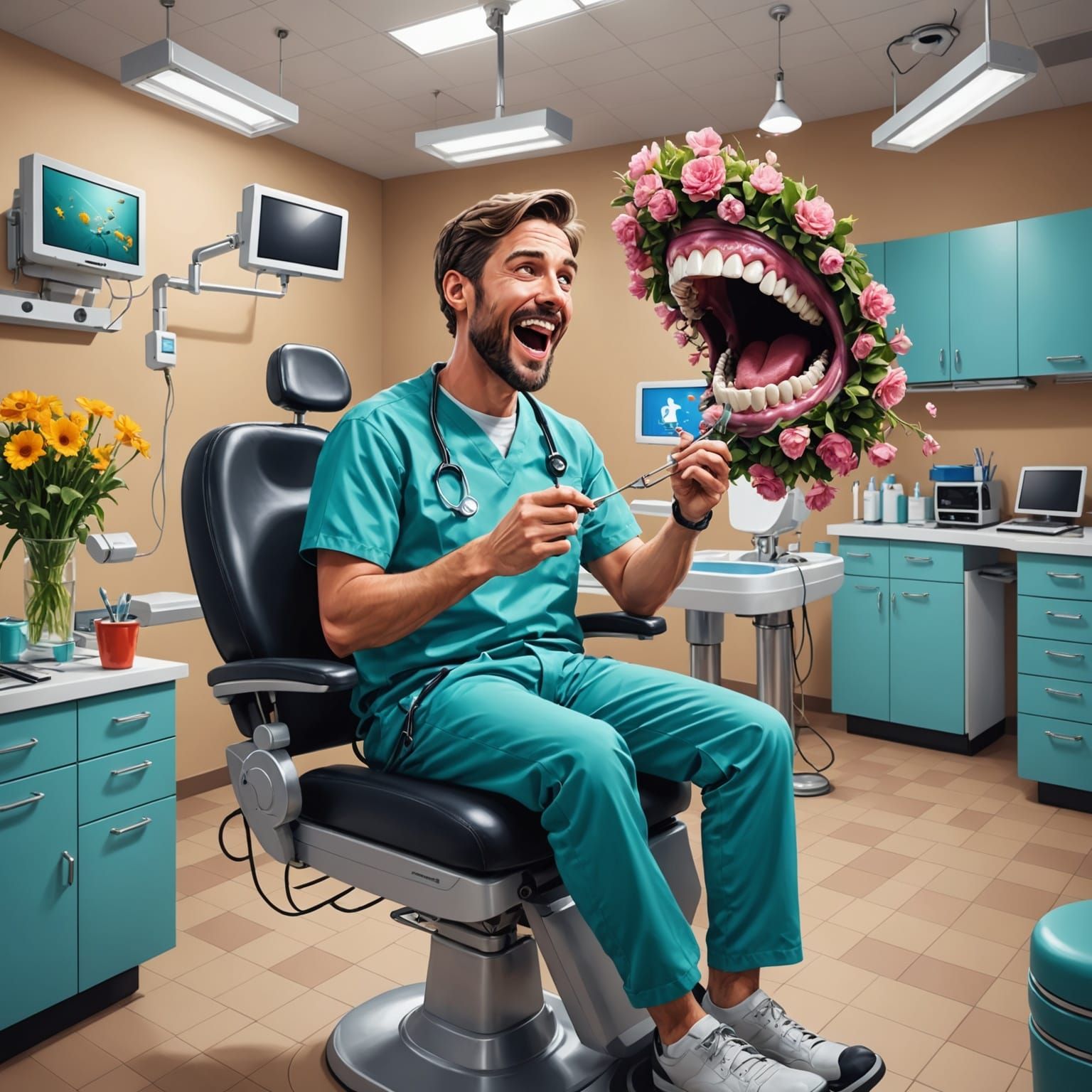 Surreal Dentist Scene with Flowers and Foreshortening