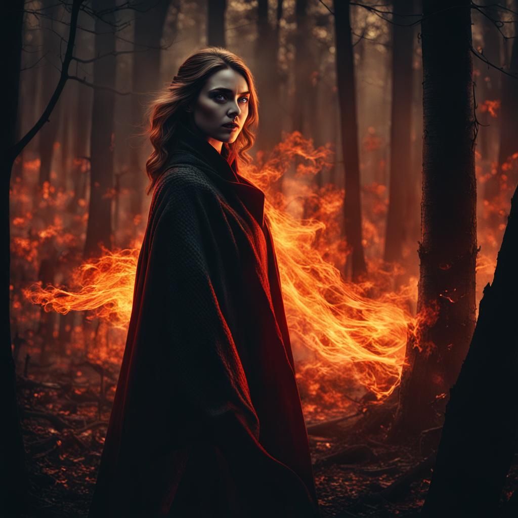 Fiery Woman Watched by Vampire in Dark Woods