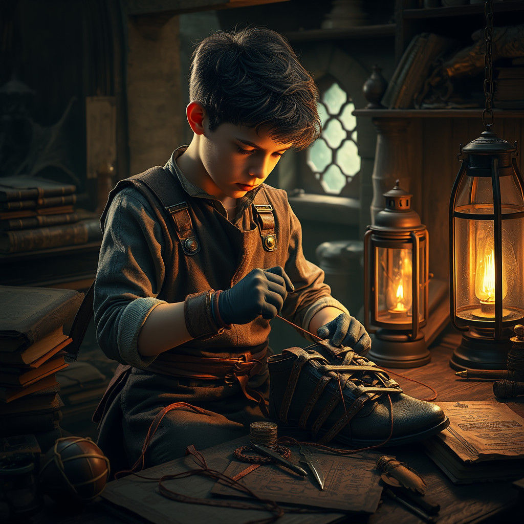 Apprentice Binds Shoelaces in Mystical Workshop